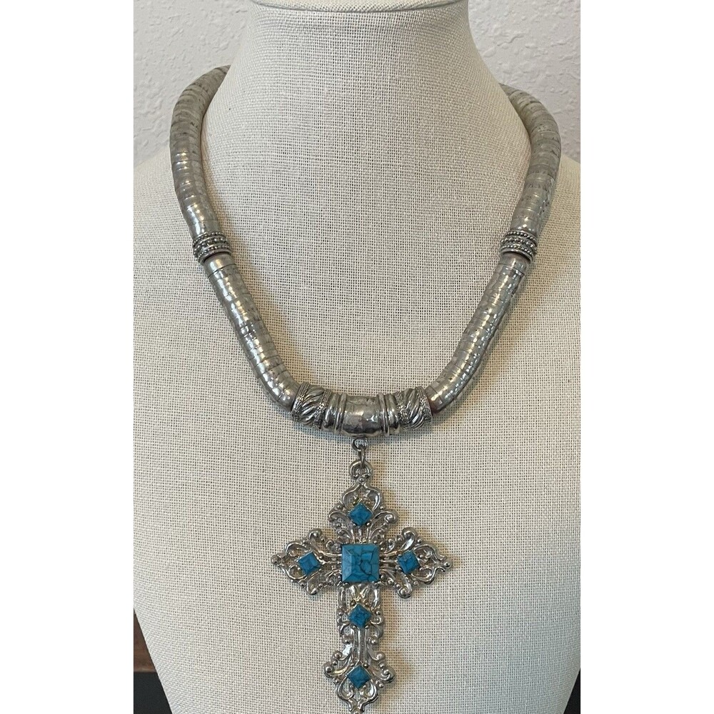 Bold Cross Statement Necklace Liquid Silvertone Faux Turquoise Southwest You & I